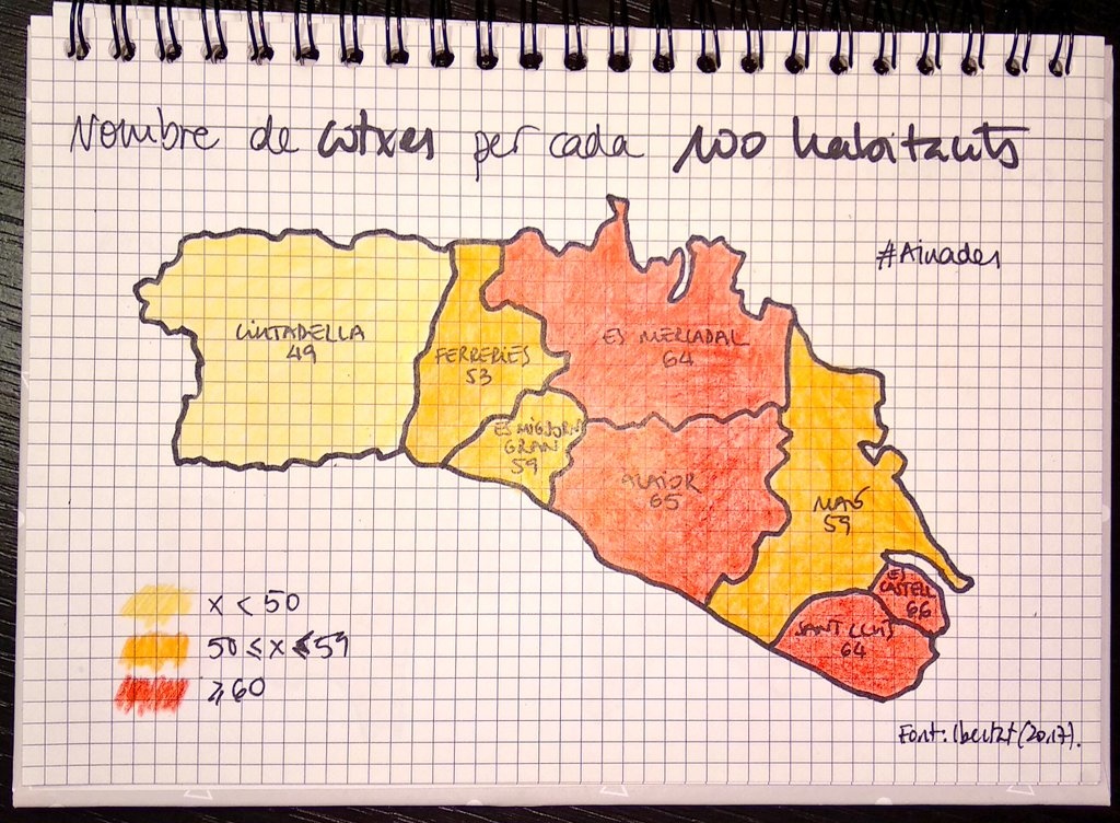 Nombre de cotxes per cada 100 habitants a Menorca.